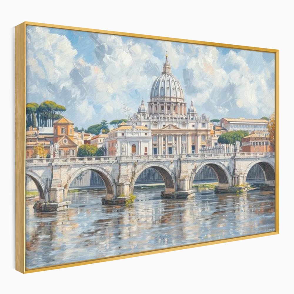 Tablou canvas cu tablou canvas cu podul si cupola vaticanului, in rama de aluminiu auriu